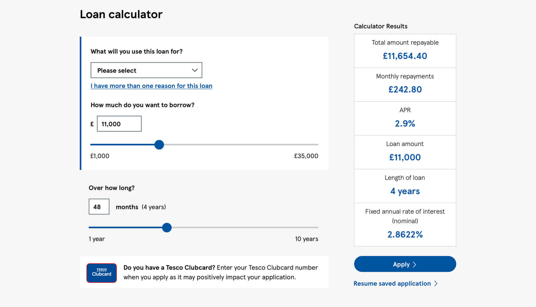 A mockup of the Tesco loan calculator with the text link underlined.