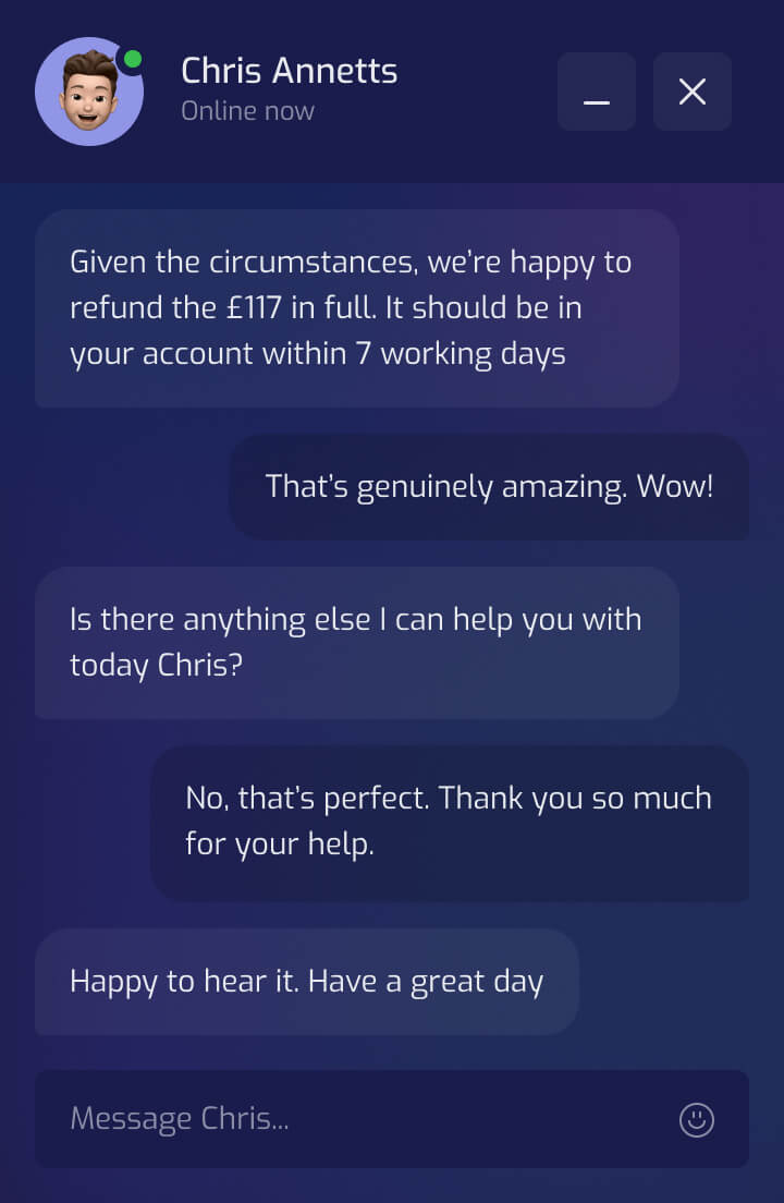 A mockup of a chat widget used to communicate with customers in real-time.