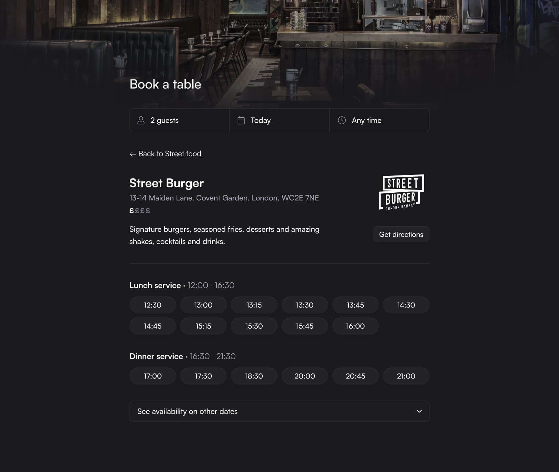 Individual restaurant detail page for Street Burger, displaying address, service times for lunch and dinner, and available booking slots in a clear, minimal layout.