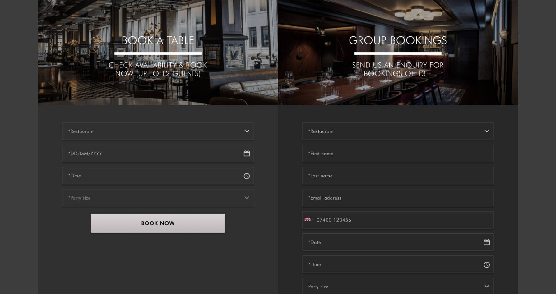 Screenshot of the current Gordon Ramsay Restaurants booking form showing two side-by-side panels for standard and group bookings, each requiring similar input fields.