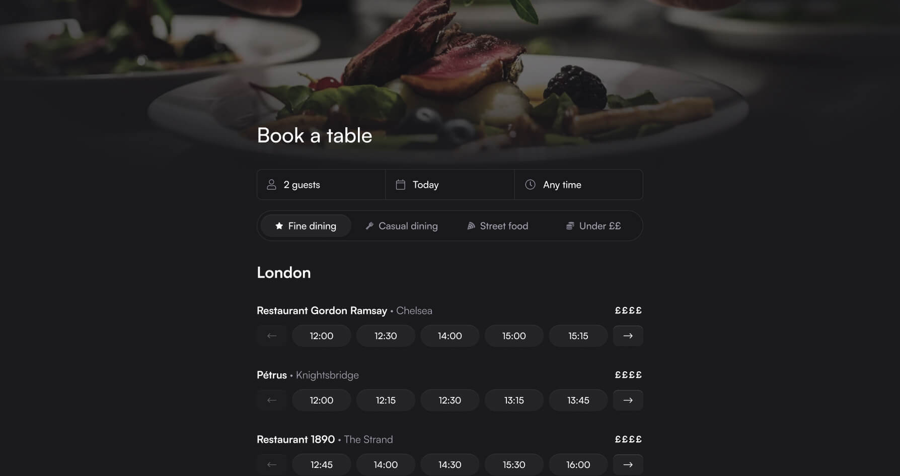 Redesigned booking interface showing a single, unified layout with dining style filters, visible restaurants, and available booking times displayed directly on screen.