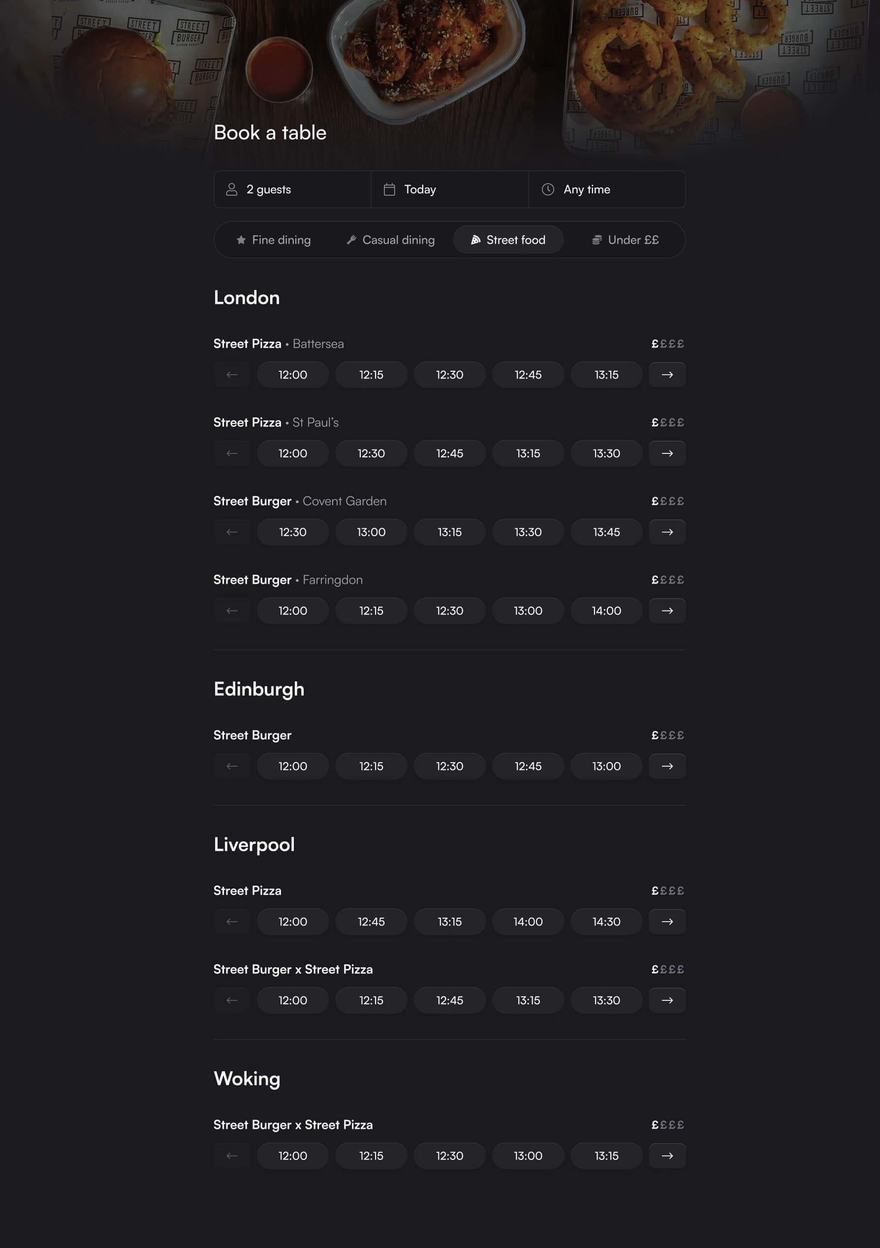 Redesigned booking results view filtered by Street Food, showing multiple restaurants grouped by city with horizontal time chips for each.