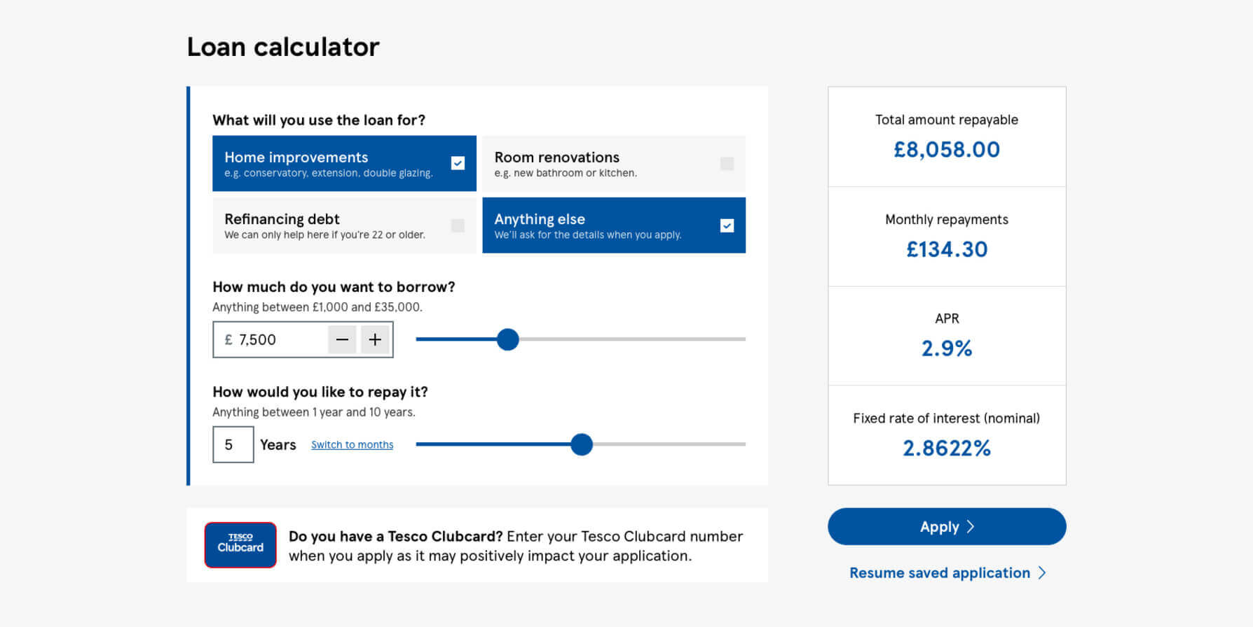 A mockup showing all of the changed I would make to the Tesco loan calculator.