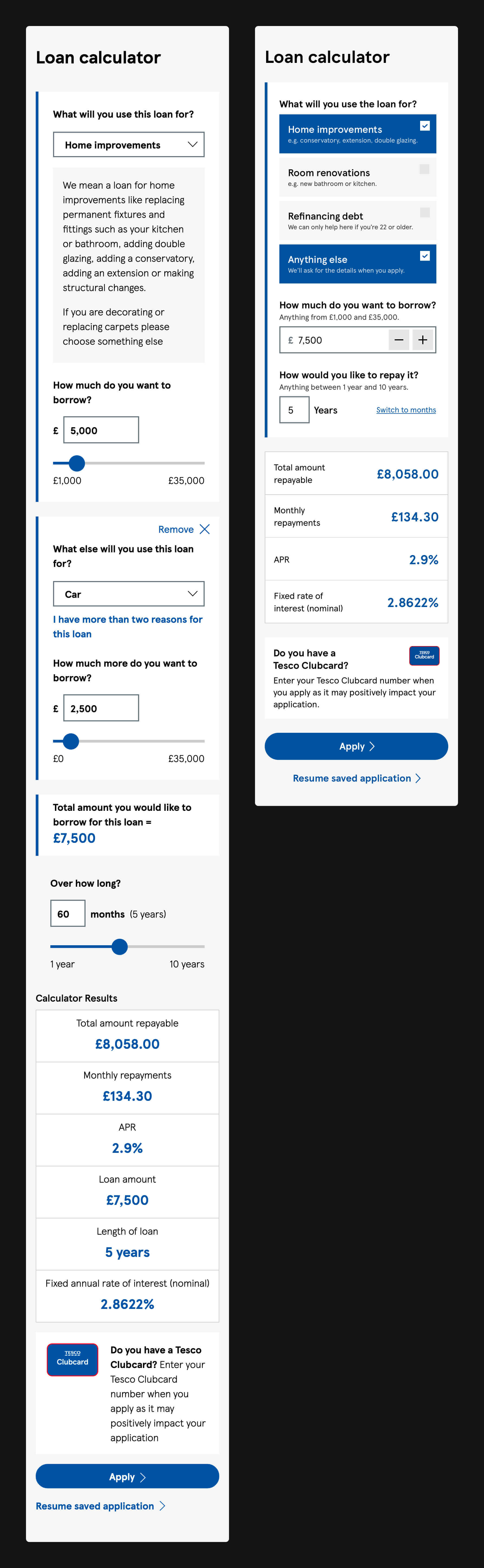 A side-by-side comparison of the loan calculator displayed as it is today and my updated mockup.
