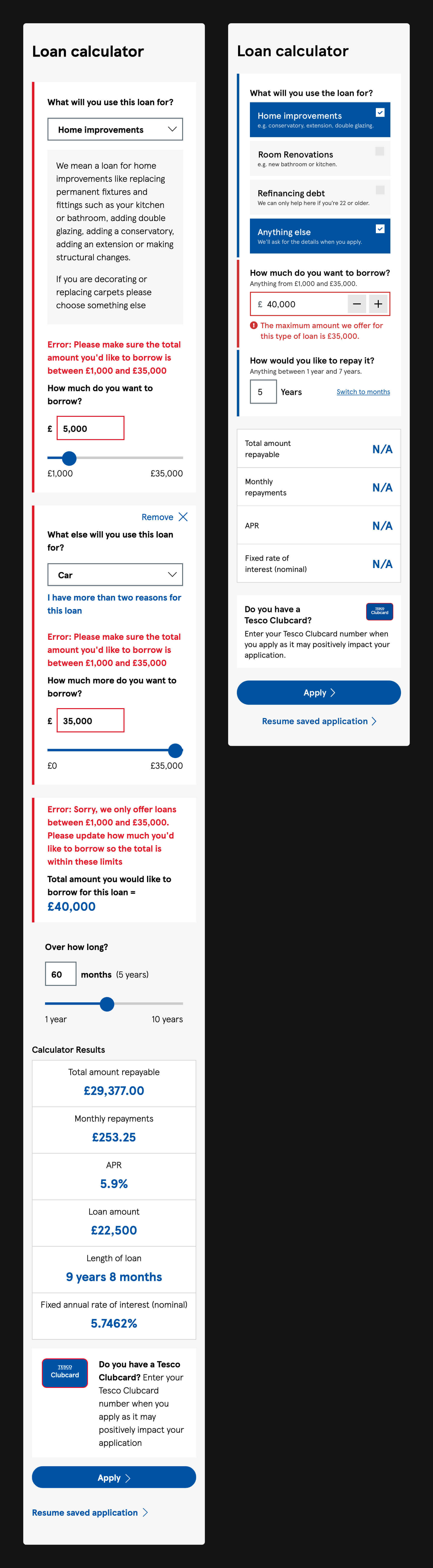 A side-by-side comparison of an error message displayed as it is today and my updated mockup.