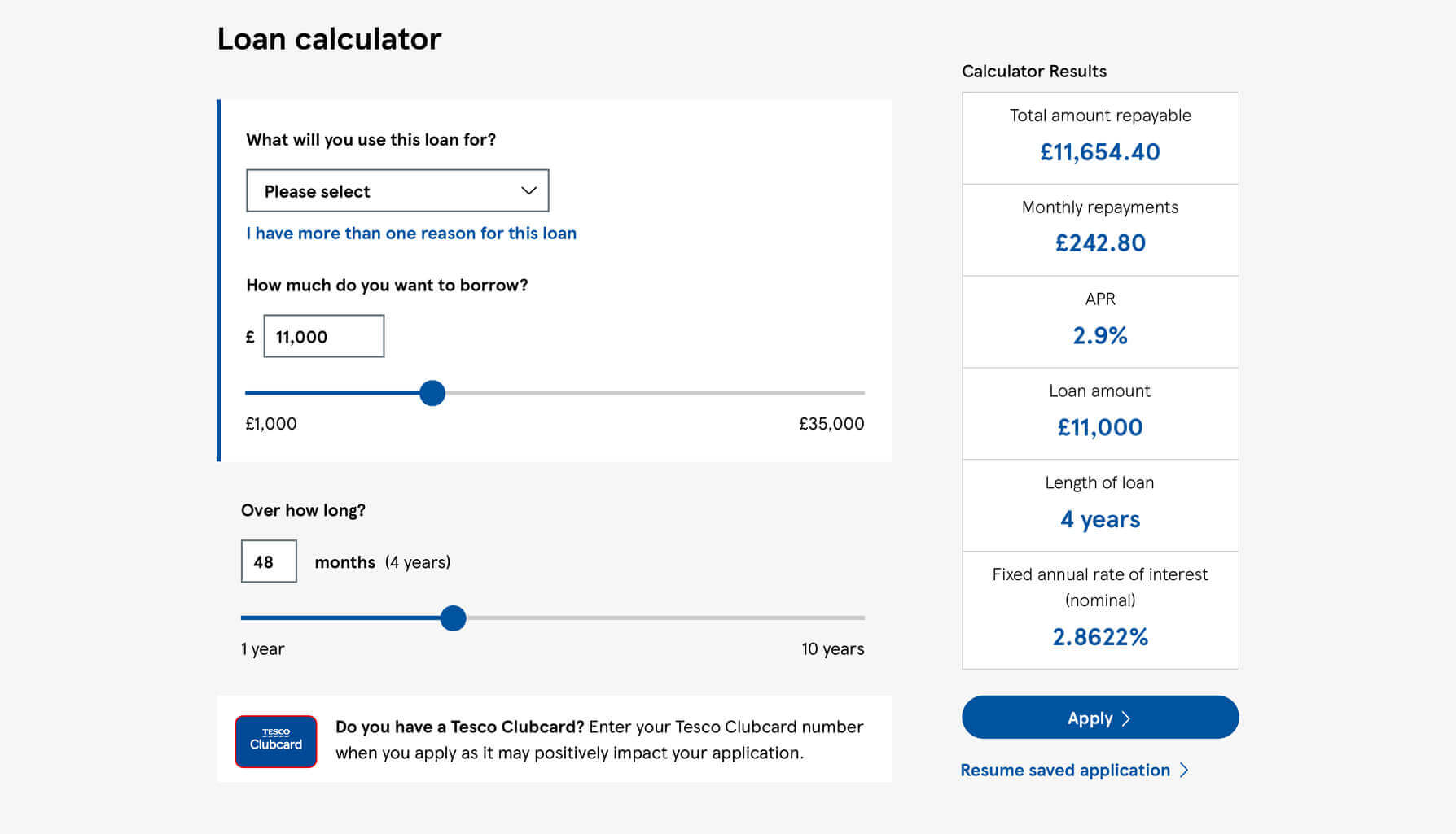 A mockup of the Tesco loan calculator, with the form container now wrapping around all input elements.