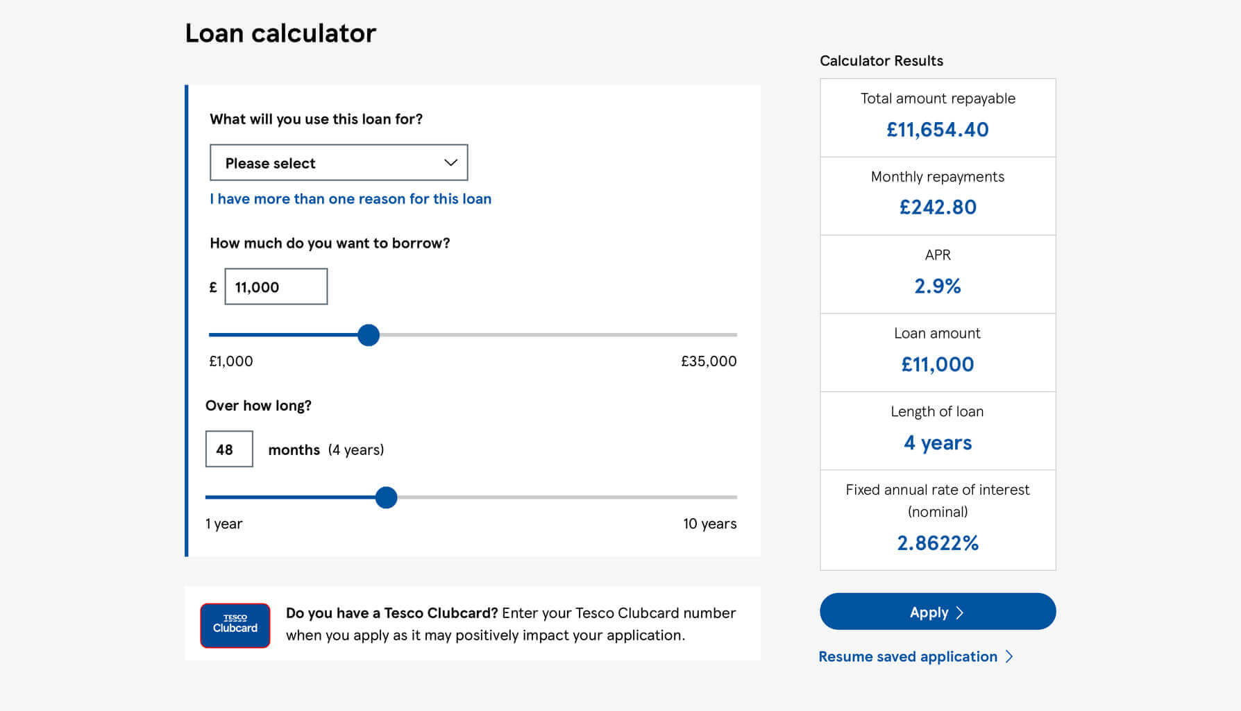 A mockup of the Tesco loan calculator, with the form container now wrapping around all input elements.