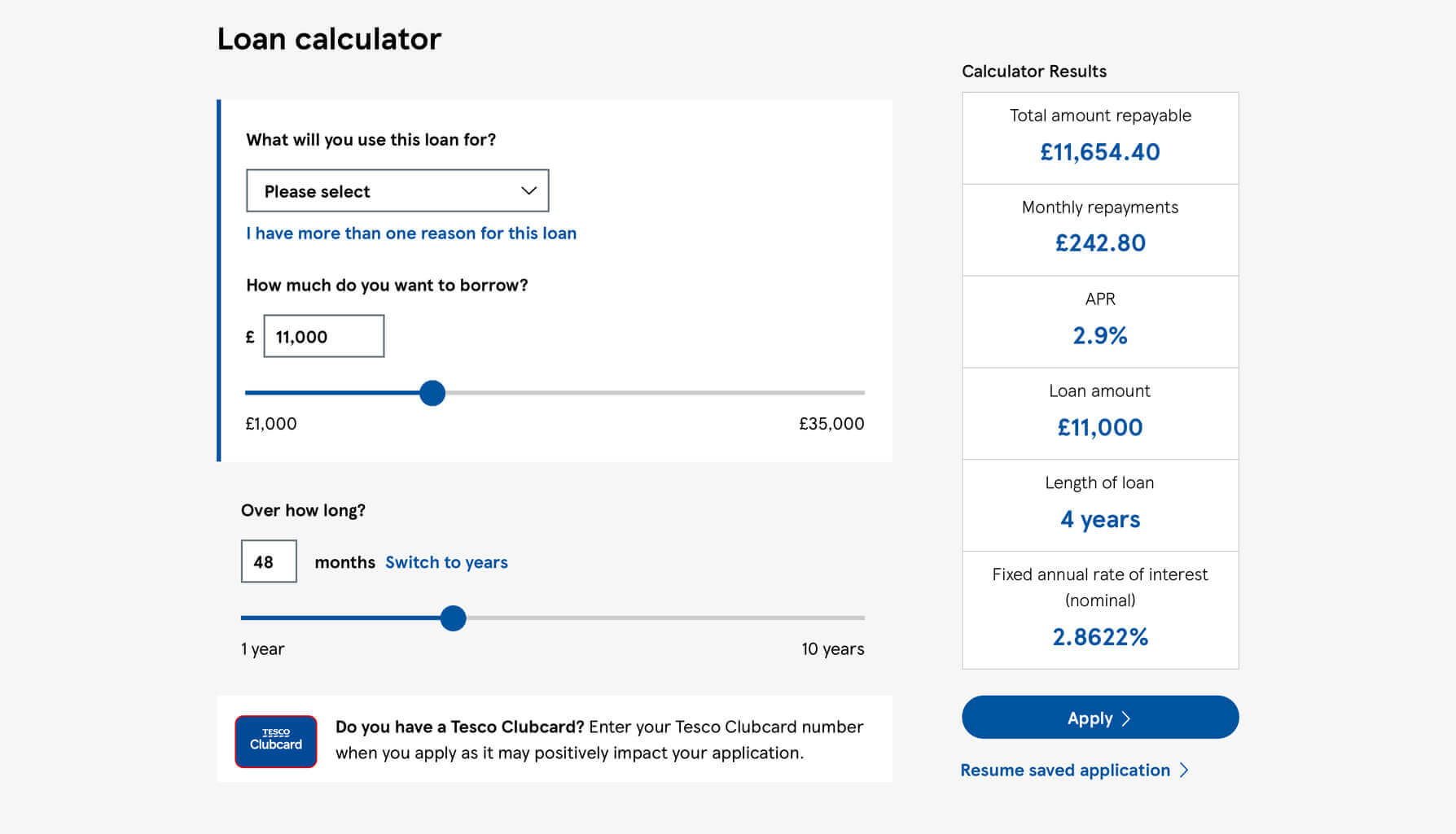 A mockup of the Tesco loan calculator, with the introduction of a unit switcher.