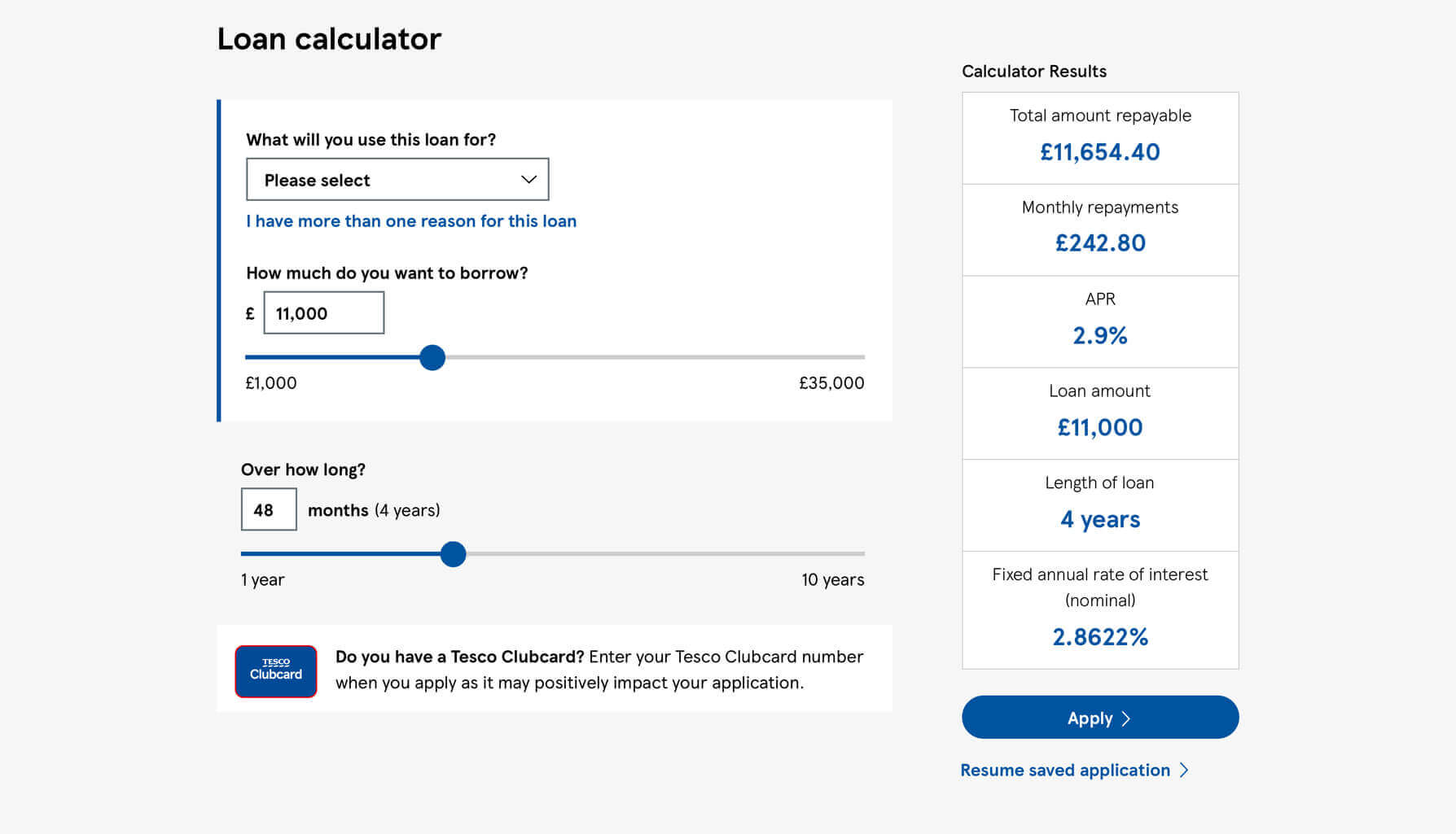 A mockup of the Tesco loan calculator with sized between elements reduced.