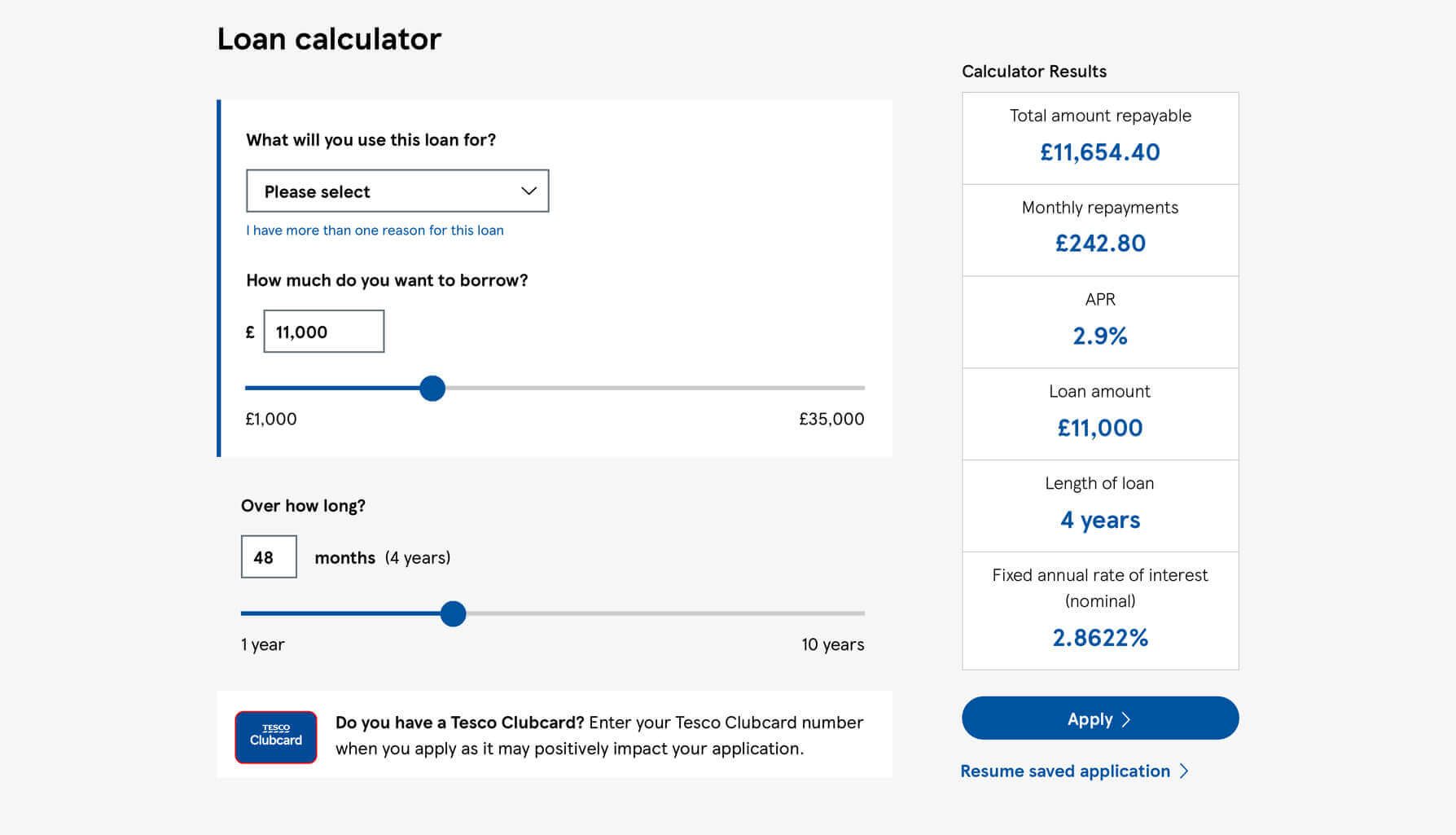 A mockup of the Tesco loan calculator with the text link size reduced.