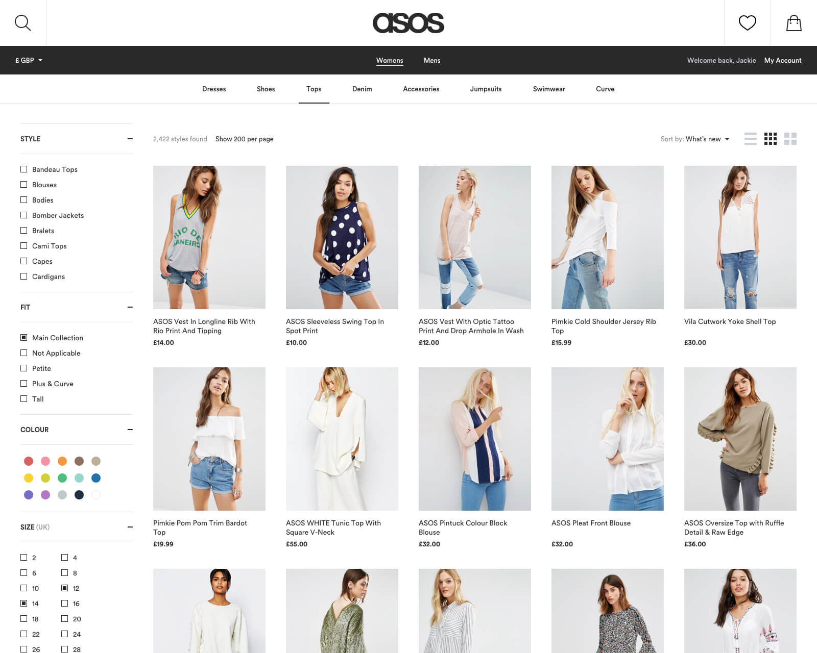 A mockup of the ASOS product page. The design shows results for women's tops.