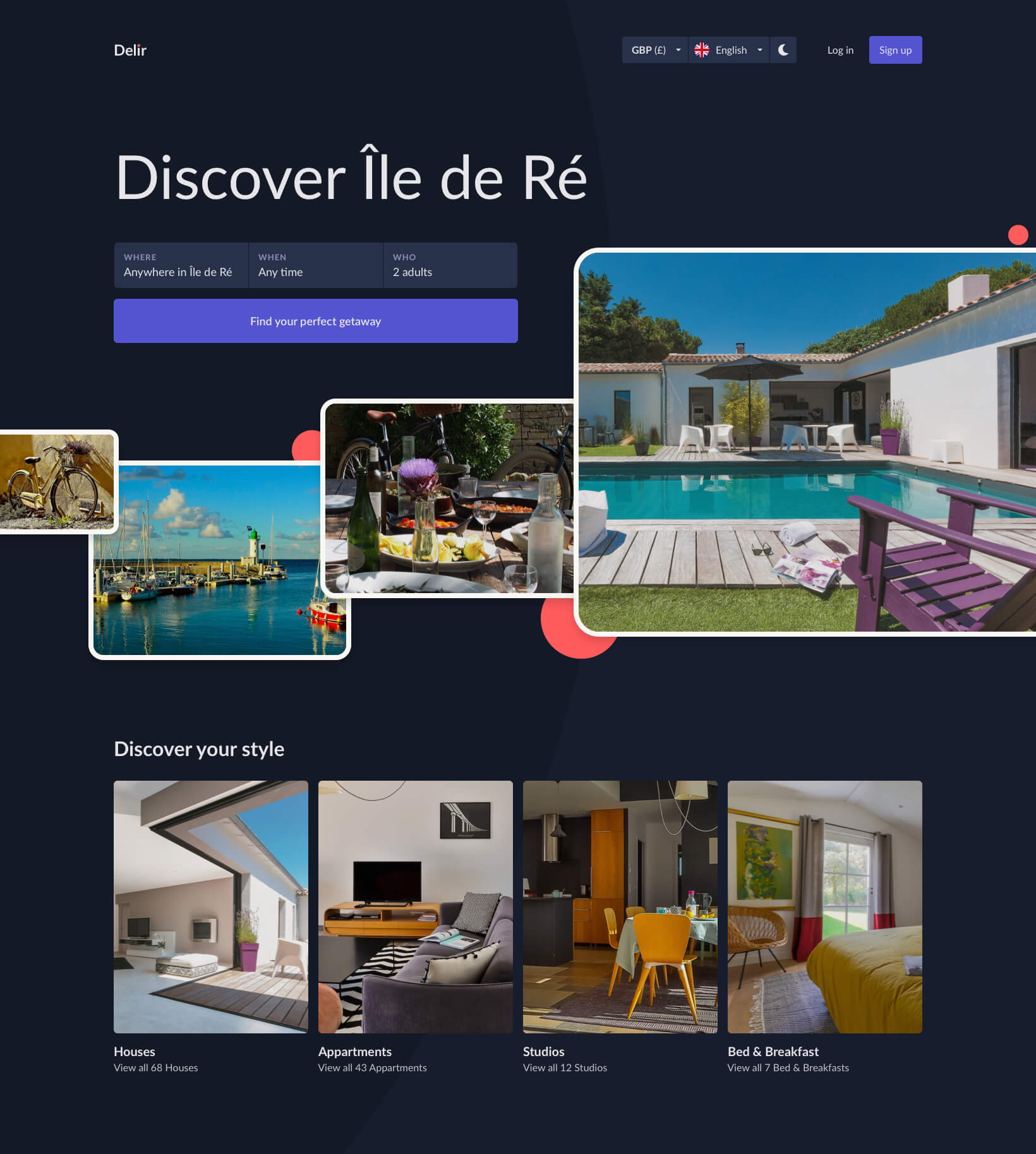 A mockup of Delir homepage, which allows travellers to find accommodation in Île de Ré.