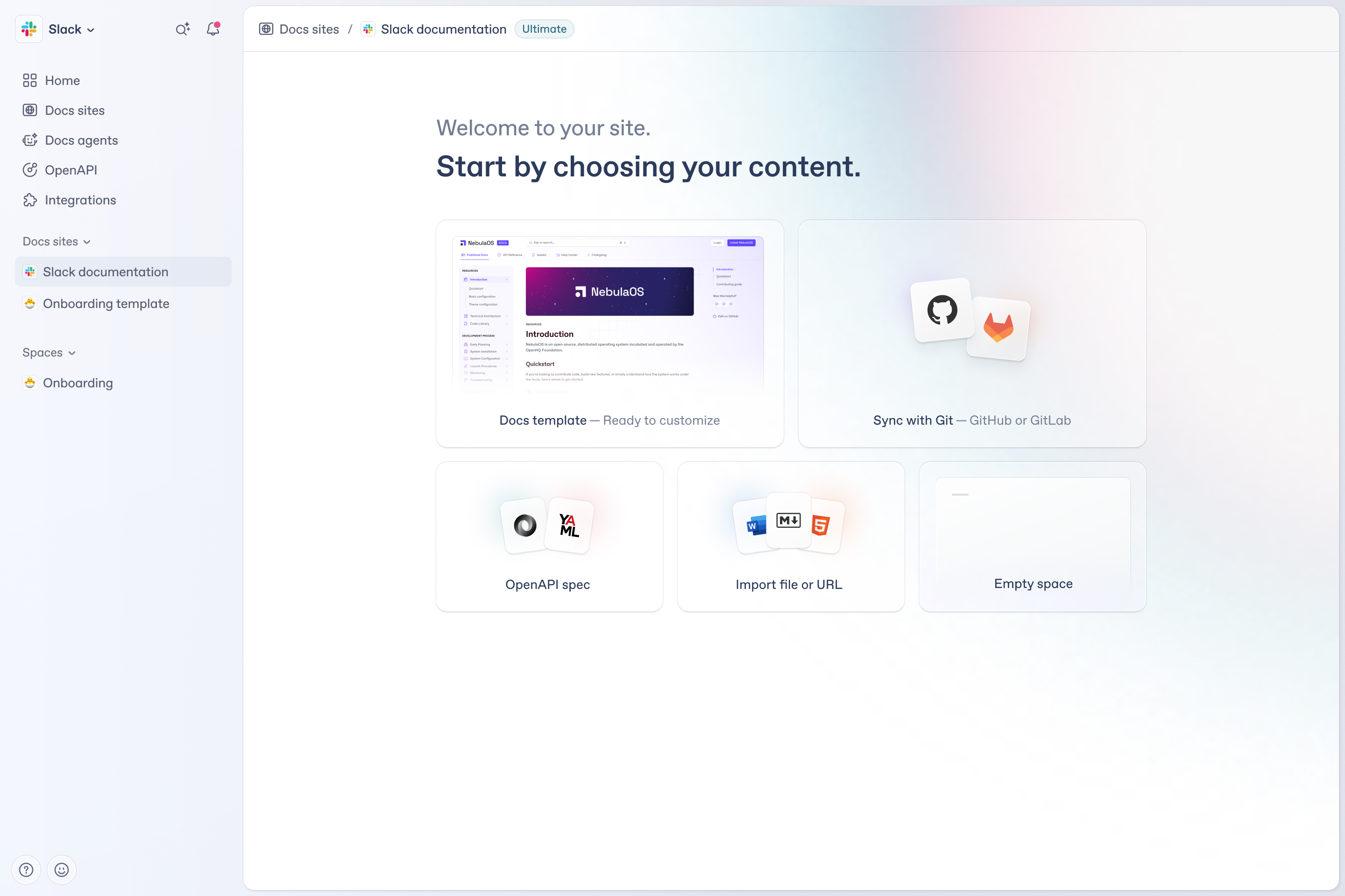 A mockup of the GitBook app, showing the site creation screen.