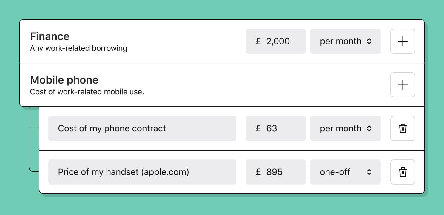 A mockup of an interactive form allowing users to enter their work expenses.