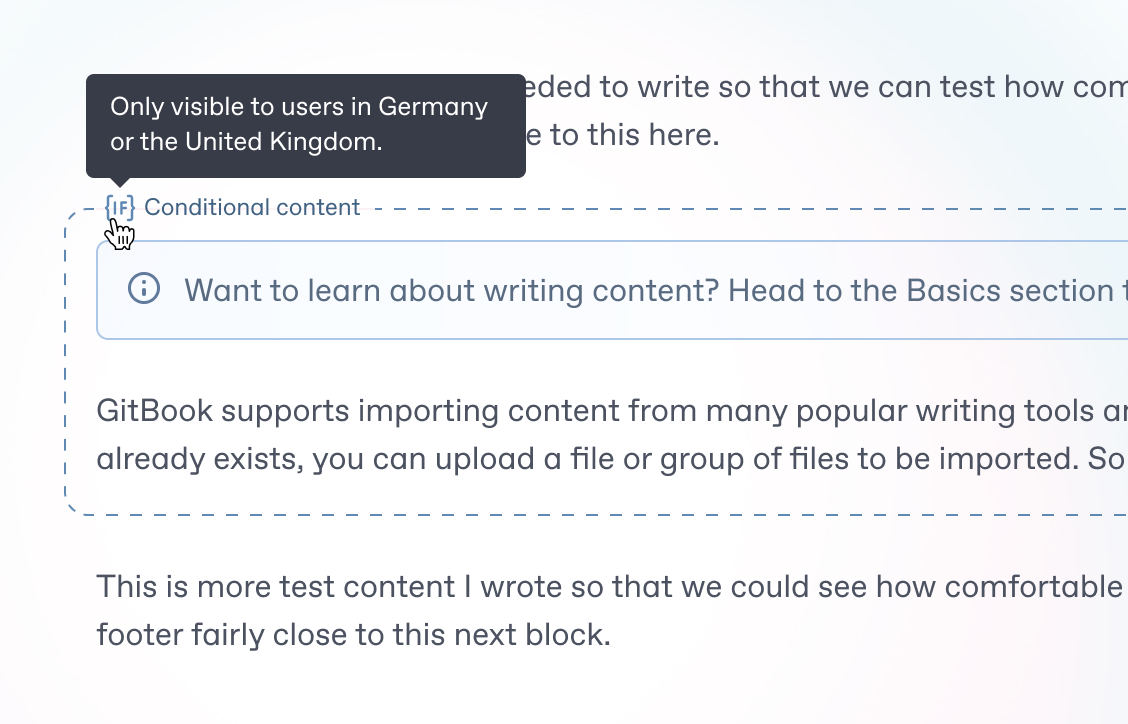 GitBook editor showing conditional content block. Tooltip explains the block is only visible to users in Germany or the United Kingdom.