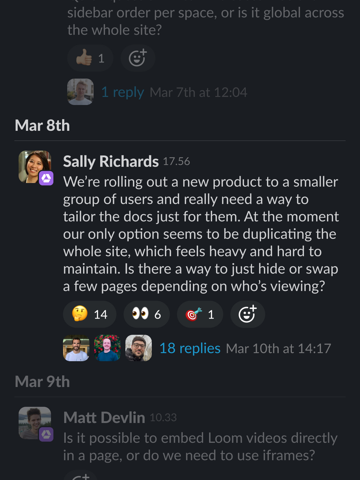 Slack conversation with customer message: Sally Richards requests a way to tailor docs for specific users without duplicating the whole site. The message has reactions and 18 replies.