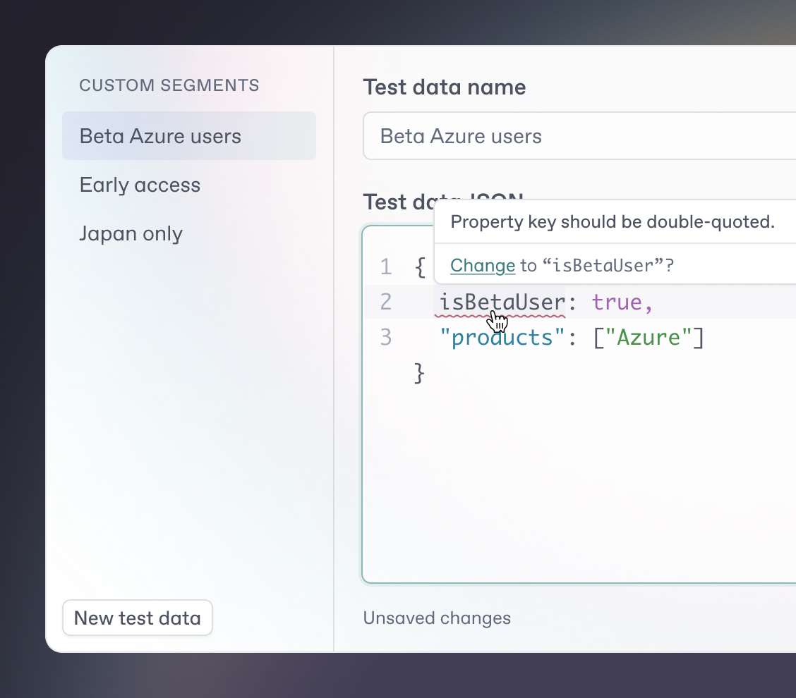 GitBook test data editor showing a “Beta Azure users” segment. JSON input defines isBetaUser as true and products as Azure, with a prompt to fix property key syntax.