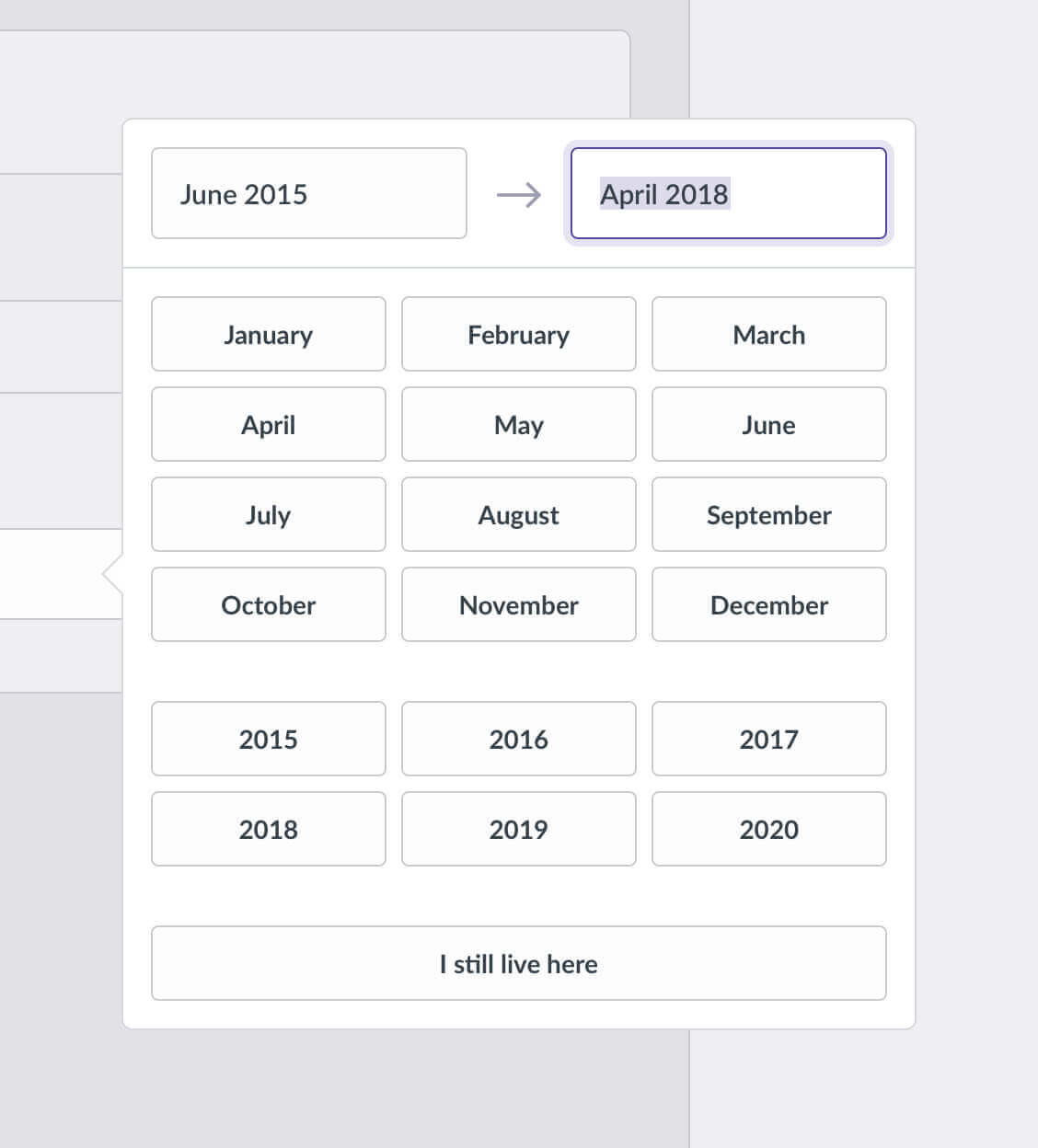A custom date component, allowing Agents to select month/year date ranges in as little as two clicks.