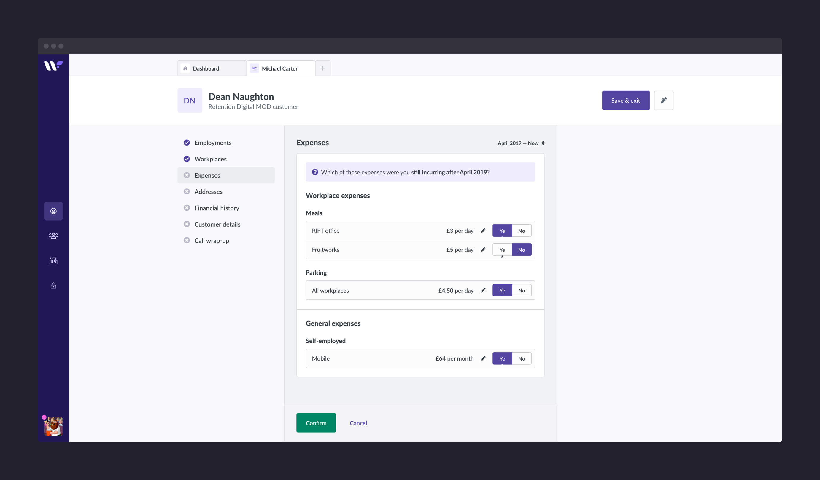 A screenshot of the Conversion Wizard, showing the screen used to capture which expenses the customer is still receiving.